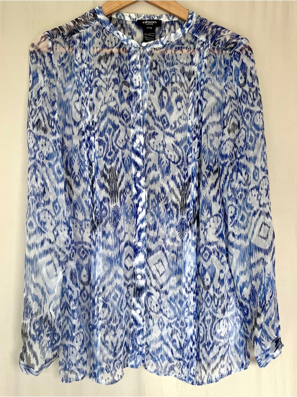Olsen Europe 100% Silk Lightweight Blue Ikat Print Blouse Size M